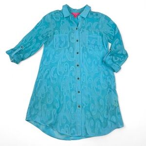 Turquoise Sheer Button-Up Tunic Dress